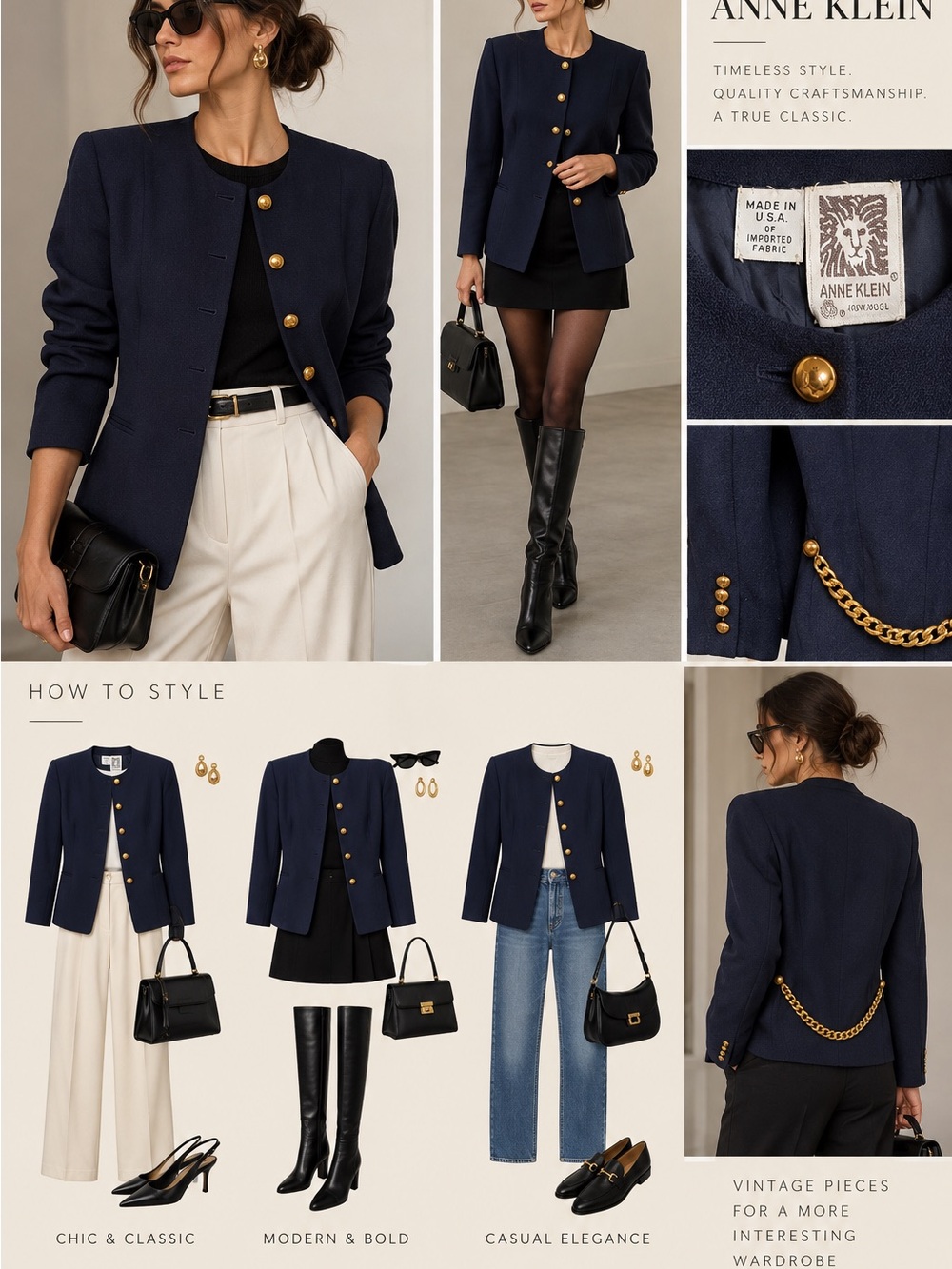 Vintage Anne Klein Navy Blazer Gold Buttons Chain Detail Made in USA